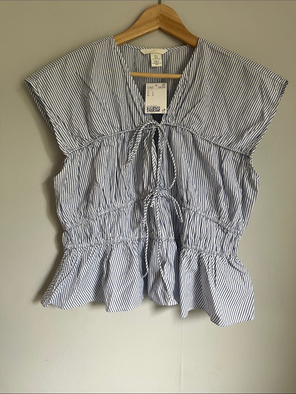 H&M Blue and White Striped Tie-Front Peplum Blouse